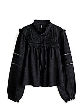 H&M Divided Black Eyelet Lace Ruffle Tie-Neck Blouse Boho Prarie Style Top